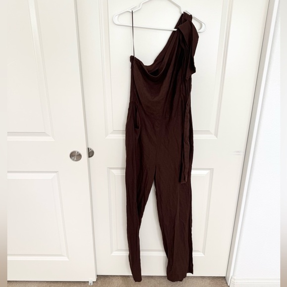 Happy Nature Linen Viscose One Shoulder Bow Tie Jumpsuit Brown 6 - Picture 2 of 6